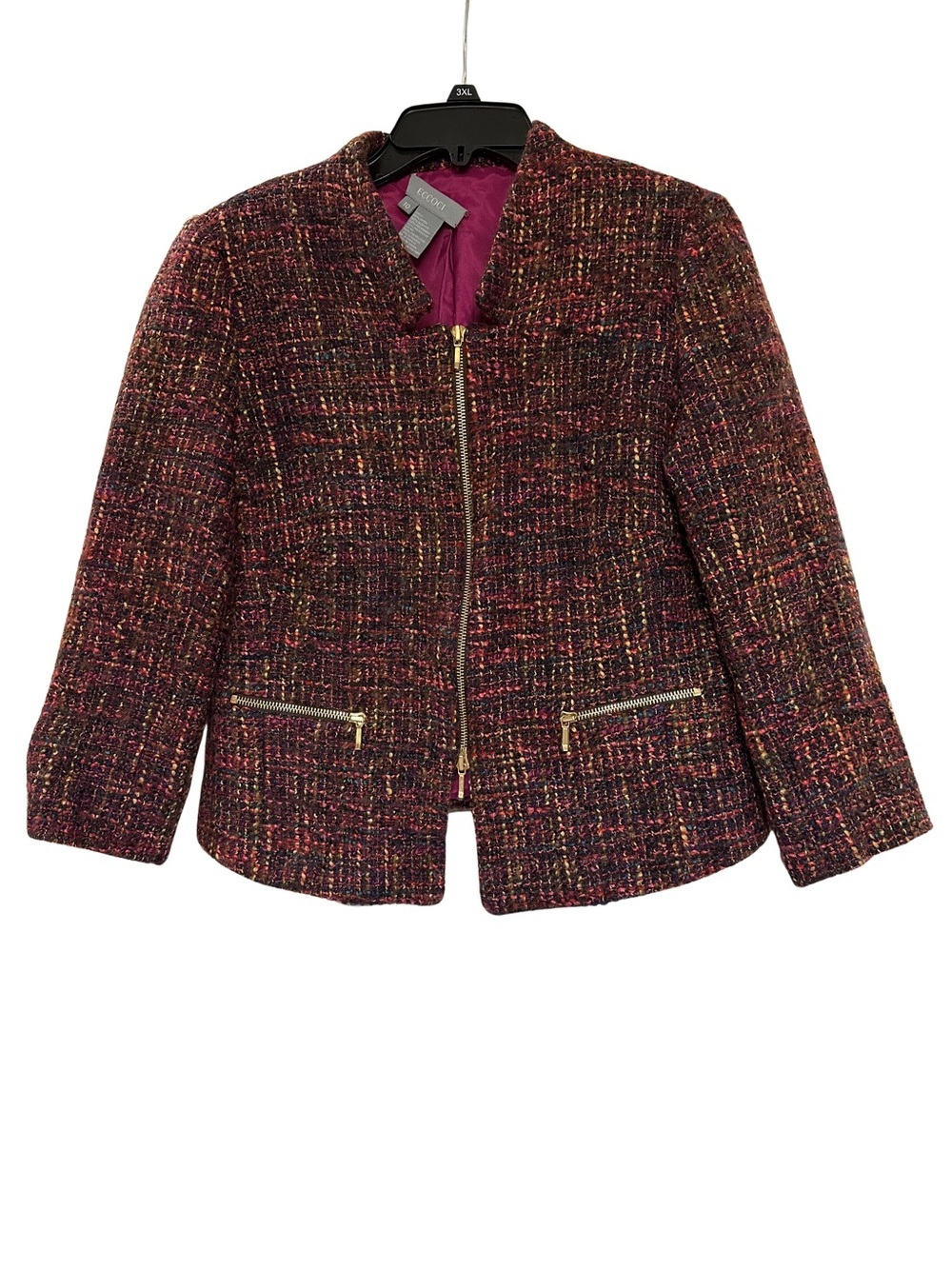 ECCOCI Tweed Jacket Sz 10 Multicolor Boucle Cropped Gold Zip Career